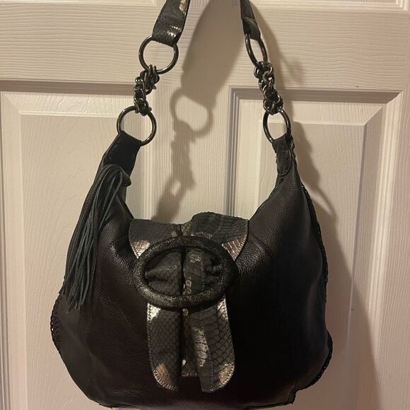 CHI By Carlos Falchi Black Leather Snake Skin  metallic strap Hobo shoul… - Picture 7 of 15